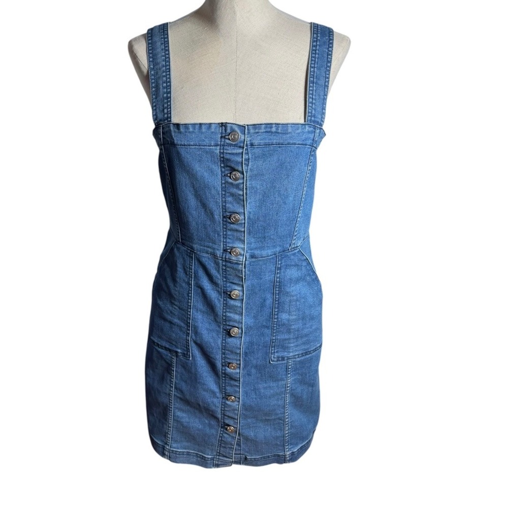 H&M Divided Blue Denim Button Front Pinafore Mini Dress Size 12 Pockets 0457336